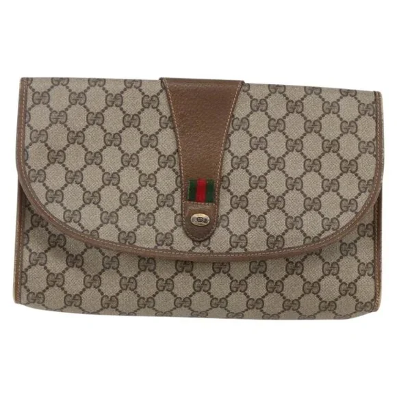 GUCCI GG Supreme Web Sherry Line Clutch Bag PVC Leather Beige Red